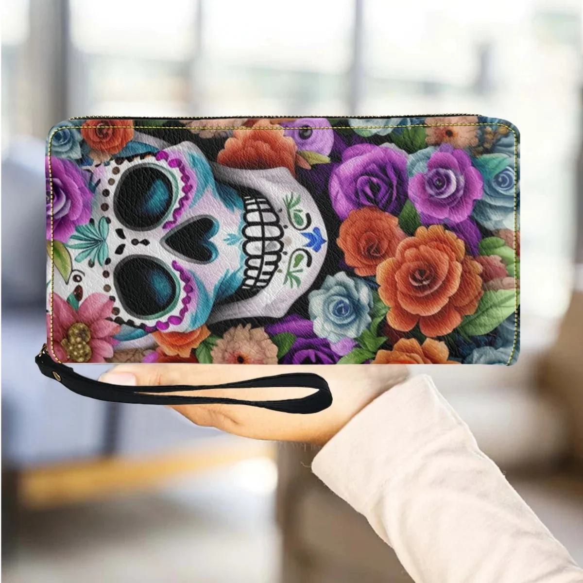 Gothic Floral Skull Wristband Wallet Women's Long PU Leather Retro Small Wallet Fashion Ladies Clutch Bag Zipper Coin Purse New