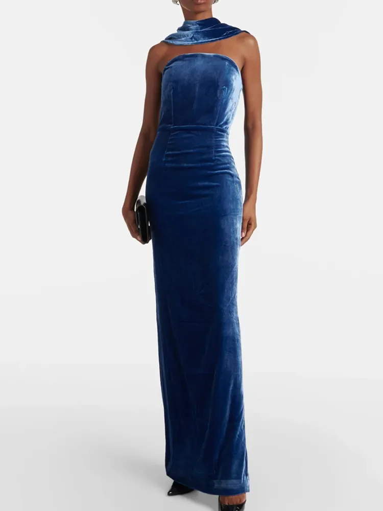 

2025 New Chic Luxury Women Celebrity Sexy Tank Velvet Blue Maxi Long Gowns Dress Elegant Evening Party Club Vestido