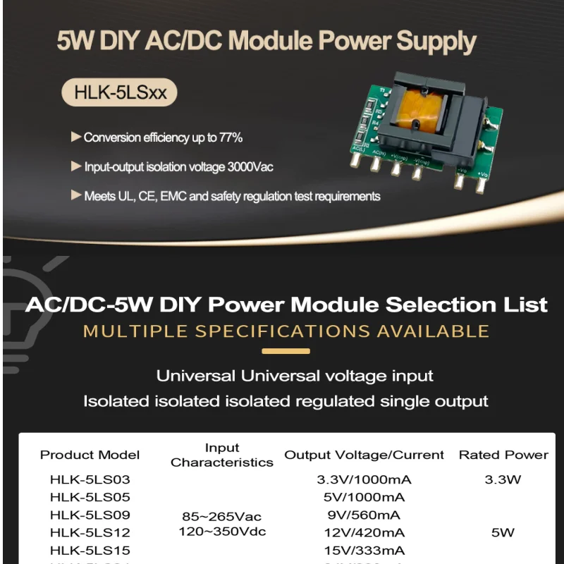 Новый HLK-5LS03 5LS05 5LS09 5LS12 5LS15 5LS24 5 Вт встречает сертификацию UL CE для малой мощности и высокоэффективной мощности переменного тока
