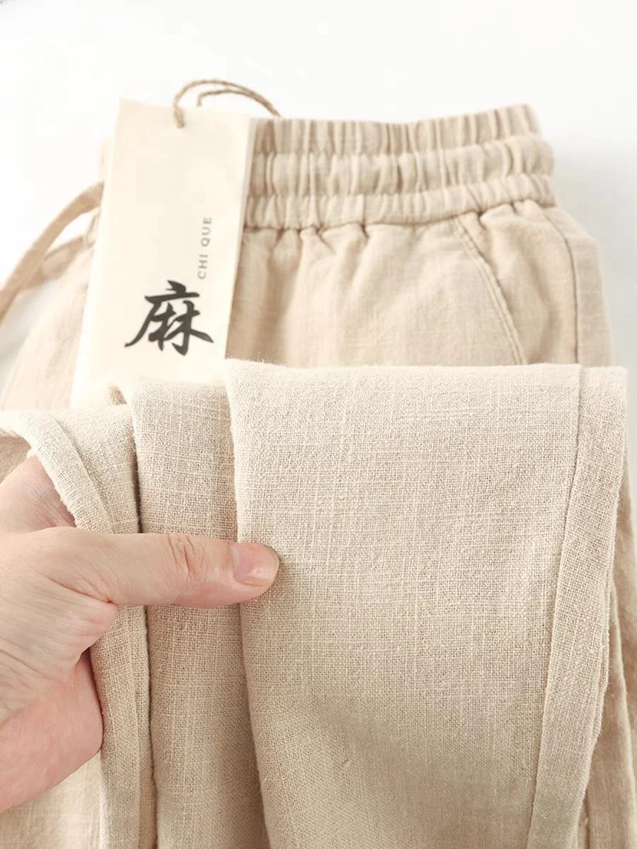 

High-End Khaki Color Cotton Linen Elastic Dstring Casual Pants Breathable Thin Summer Long Trousers Straight Leg Jeans