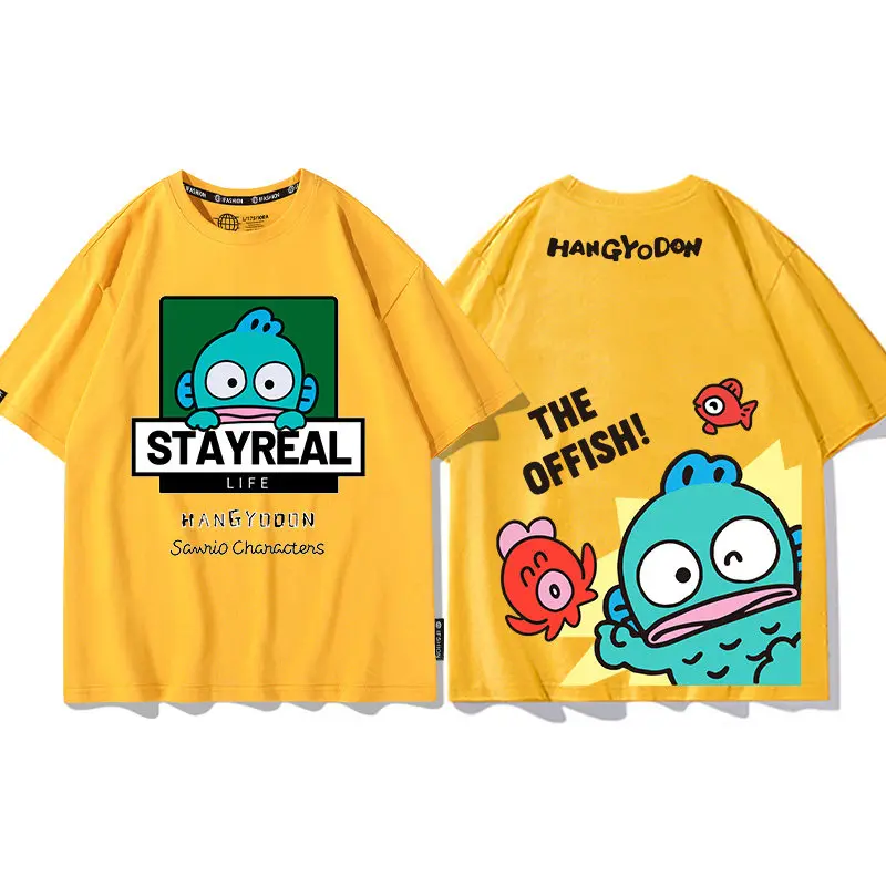

Детская футболка желтого цвета Sanrio Co Branded Ugly Fish Hanton из чистого хлопка с двусторонним принтом, модная футболка для родителей и детей