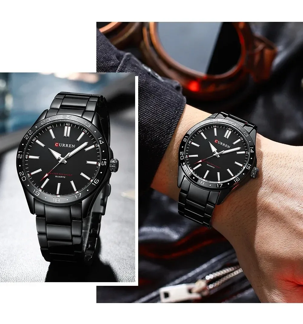 CURREN Men\'s Fashion Ultra-Thin Watch Simple Business Stainless Steel Quartz Watch Casual for Business Men\'s Watch All Black