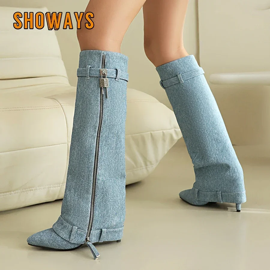 

Women's Knee High Fold Boots Blue Black Denim Pointed Toe High Thin Heels Party Club Ladies Winter Zipper Long Jeans Pants Boots