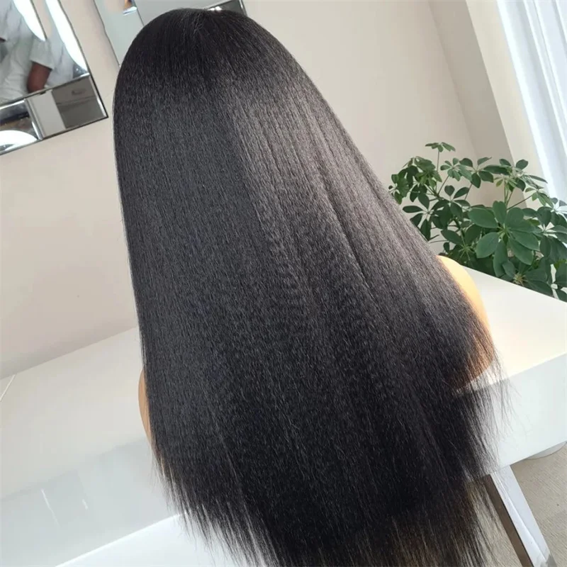 Suave largo negro 180 densidad 26 pulgadas sin pegamento rizado recto profundo peluca con malla frontal para mujeres con pelo de bebé prearrancado diario