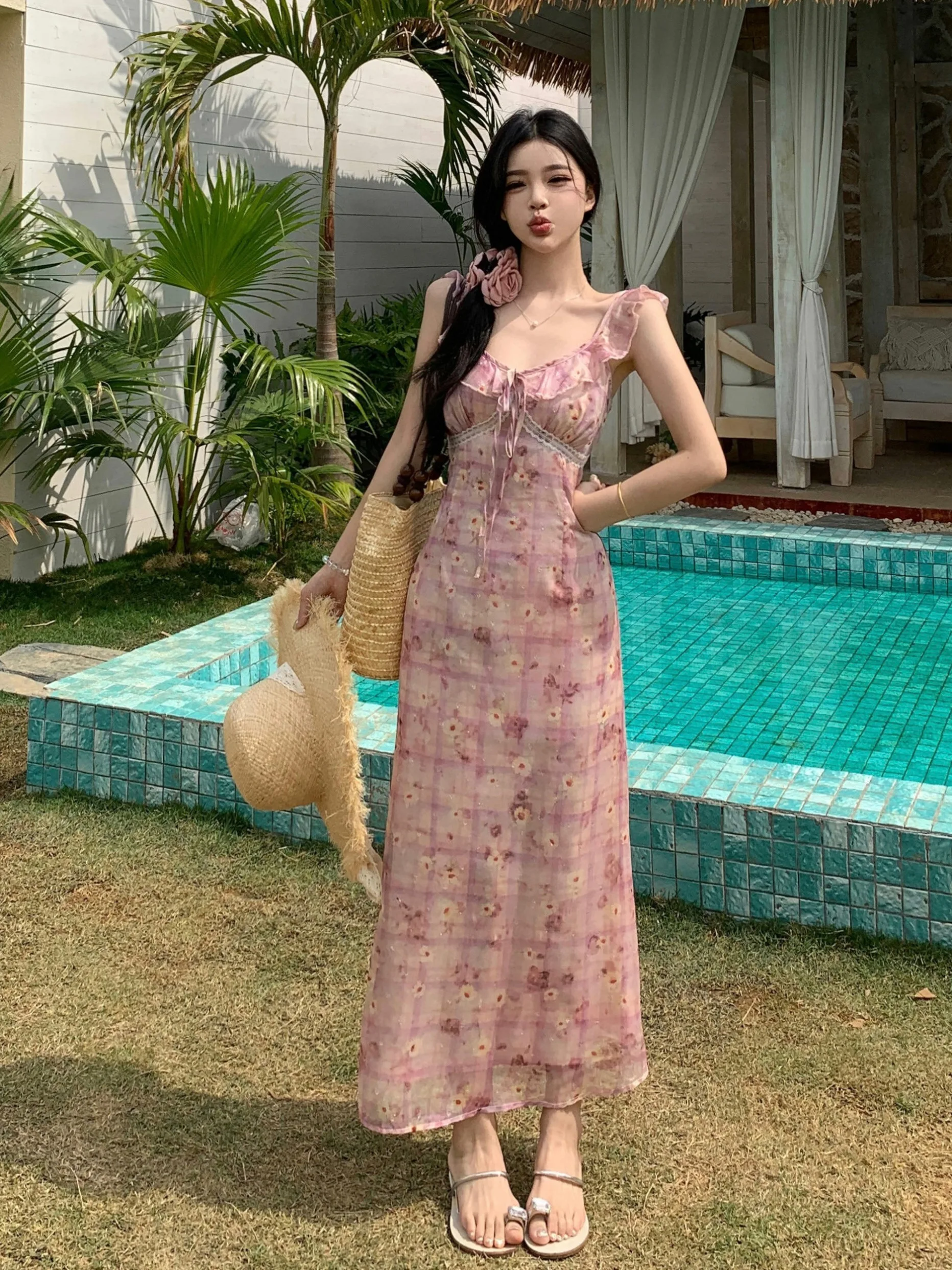 

plus Size Floral Print A-Line Dress Women's Summer New Style Slimming Waist Fish Tail Gown Korean Style Commute Wind