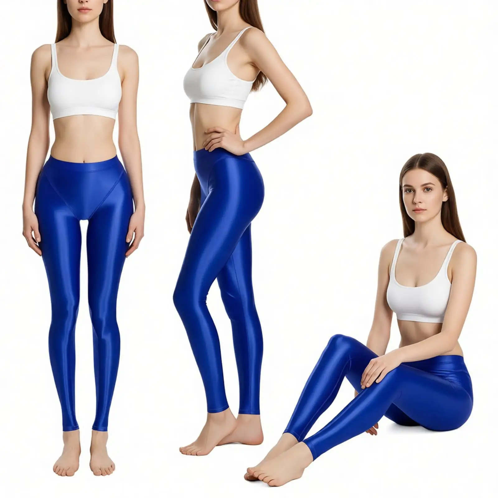 Women Glossy Leggings Stretchy Stirrup Control Rolling Up High Waist Slim Fit Tights Skinny Pants for Yoga Fitness Gym Sports