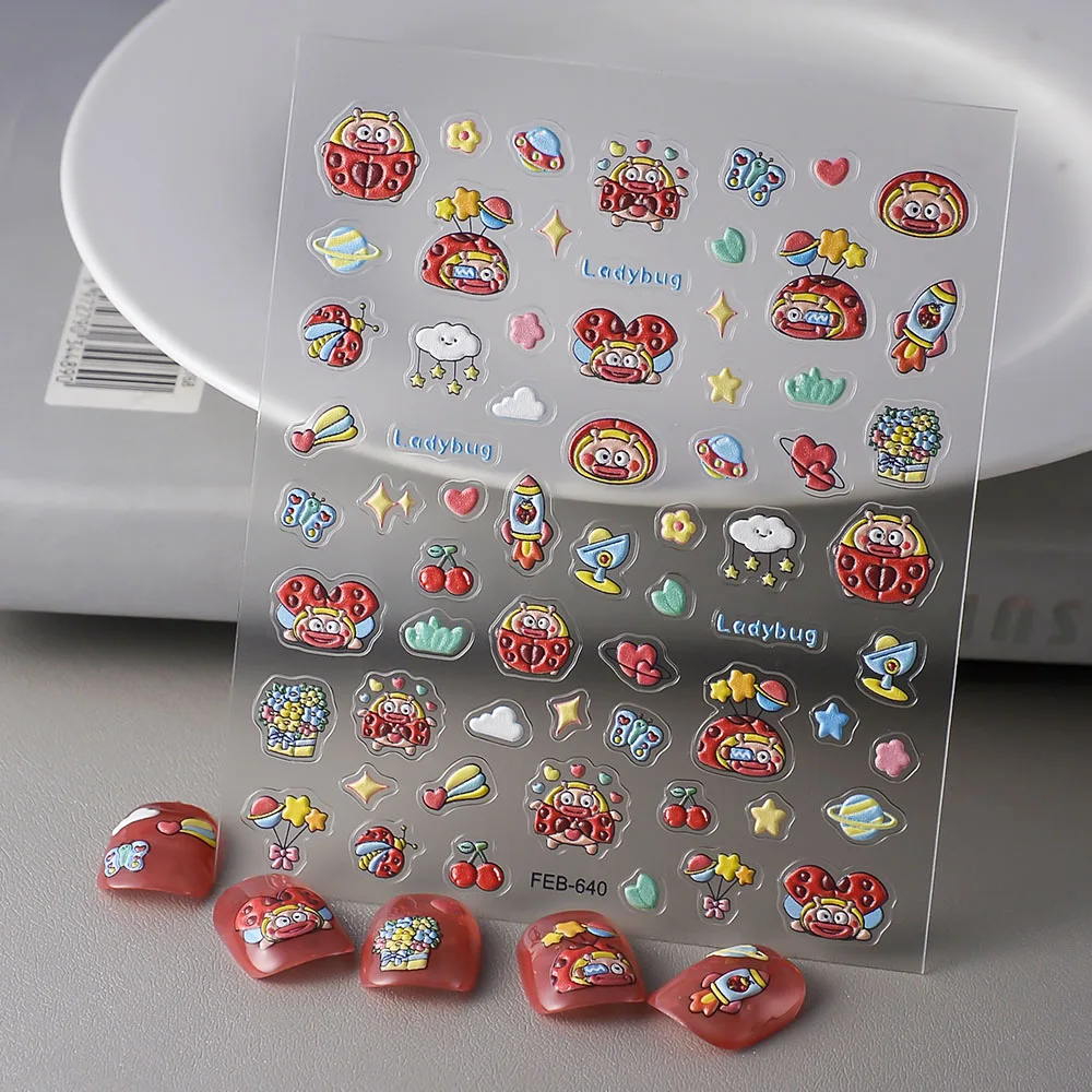 5D coccinella Nail Art decalcomanie 3D Manicure Applique adesivi per unghie per la decorazione delle unghie FEB-640