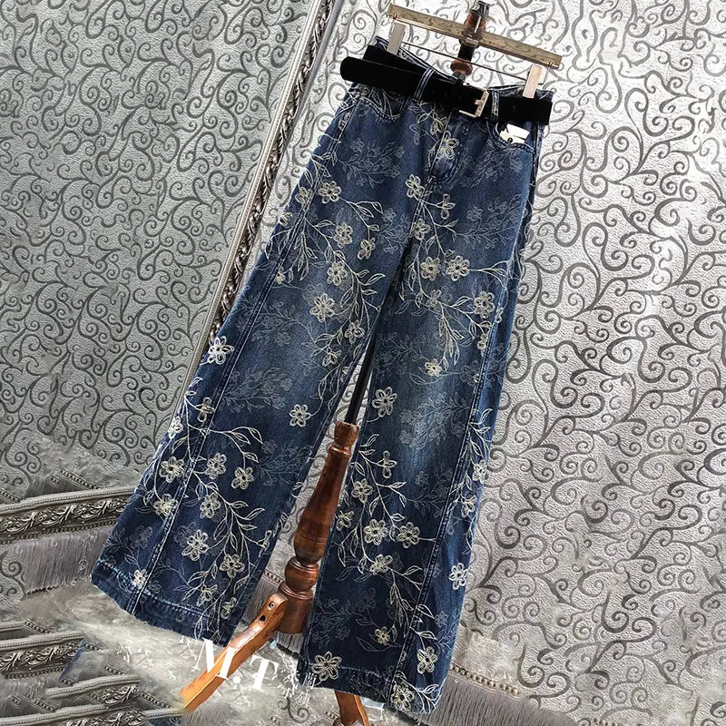 Embroidery Jacquard Women's Jeans Autumn Winter American Style High Street Straight Wide Leg Pants High Waist Curved Trousers