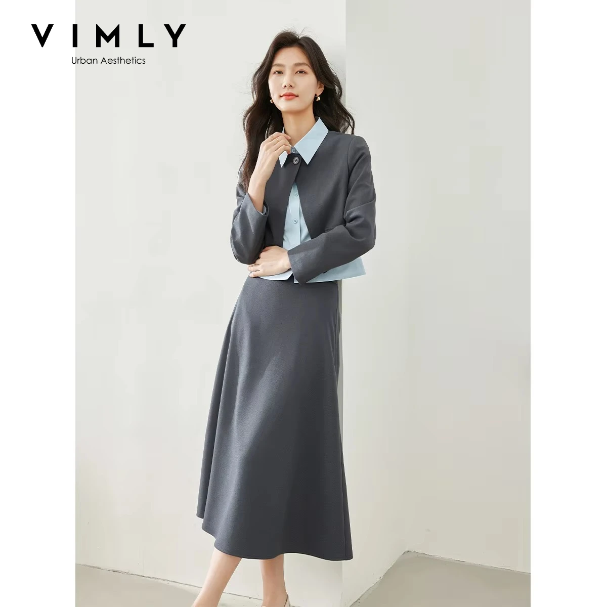 VIMLY Women's Three-piece Set 2026 Commuter Office Lady Blazer Blue Long Sleeve Shirt Elegant Long Skirt Matching Outfit M5789