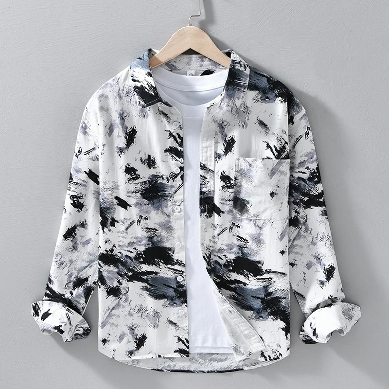 

Новые рубашки с длинными рукавами и принтом в японском стиле, мужская уличная одежда, повседневные рубашки с литературным верхом и карманами, молодежная рубашка на пуговицах из чистого хлопка