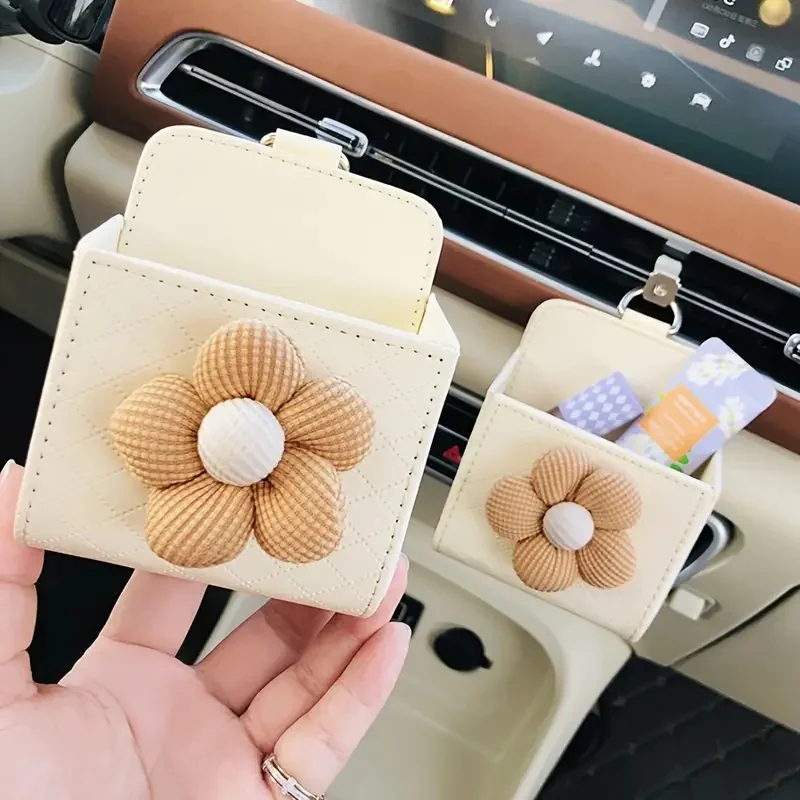 A Flower Patterned PU Leather Car Storage Box, Lightweight and Portable, Glove Box Organizer, Vehicle Interior Decoration