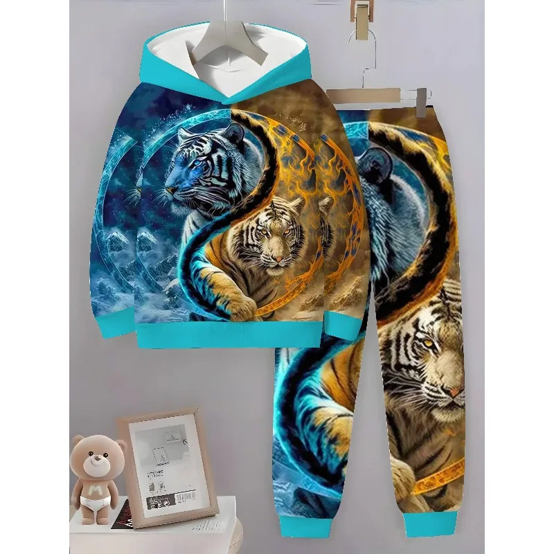 Мужская толстовка с 3D-принтом тигра, комплект из 2 предметов, простая, модная и повседневная, подходит для весенних и осенних сезонов