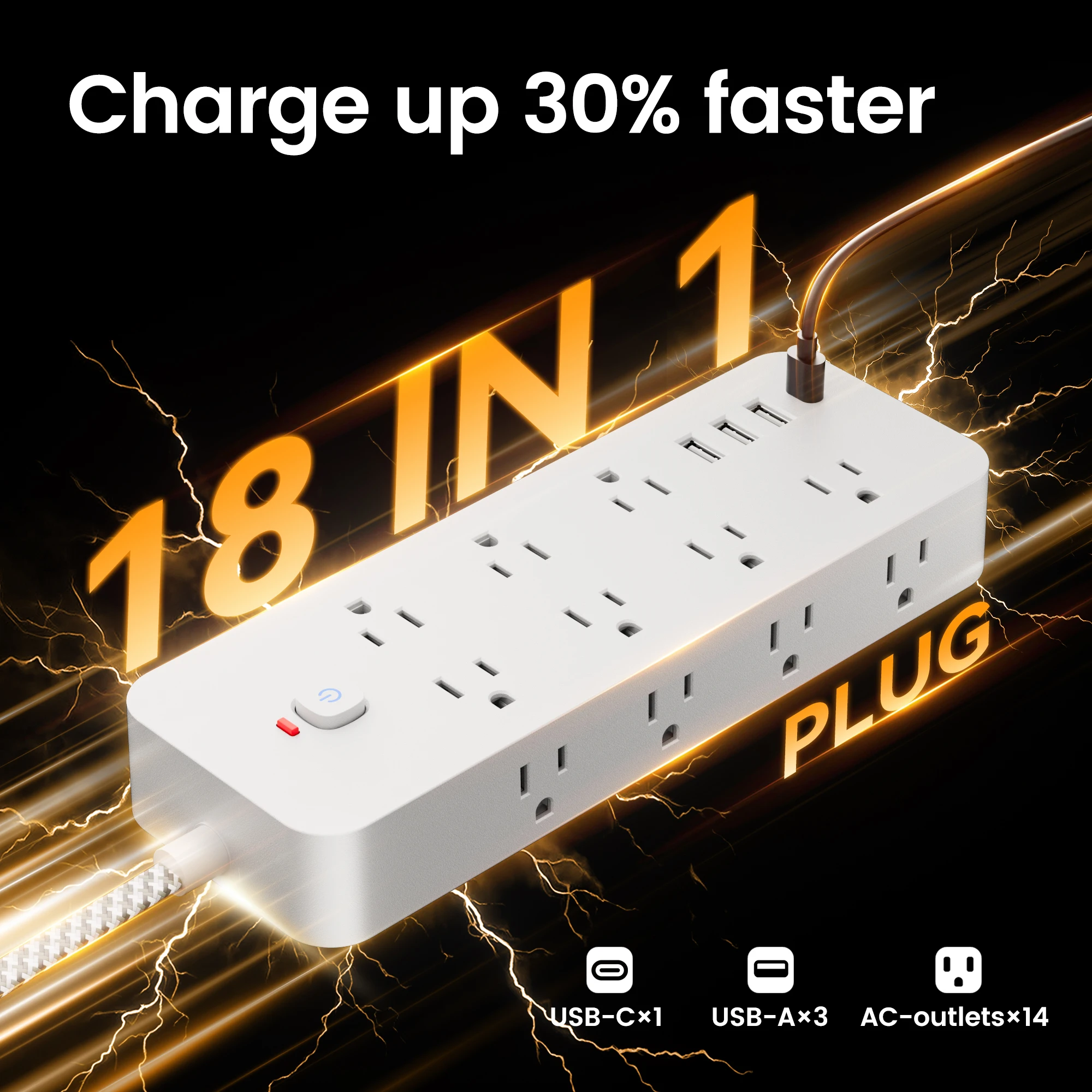 18-in-1 Multitap Power Strip US Plug AC Outlet USB Port Type C 4ft Braided Extension Cord Smart Home Electrical Socket Network