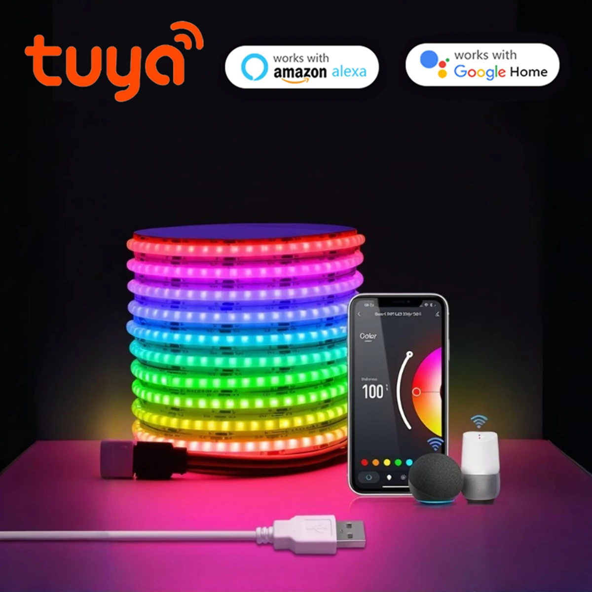 RGB LED COB ストリップ USB 5V TUYA WIFI/Bluetooth 2 バージョンオプション、576Leds/m 高輝度 RA90、スマート APP 制御アンビネットランプ