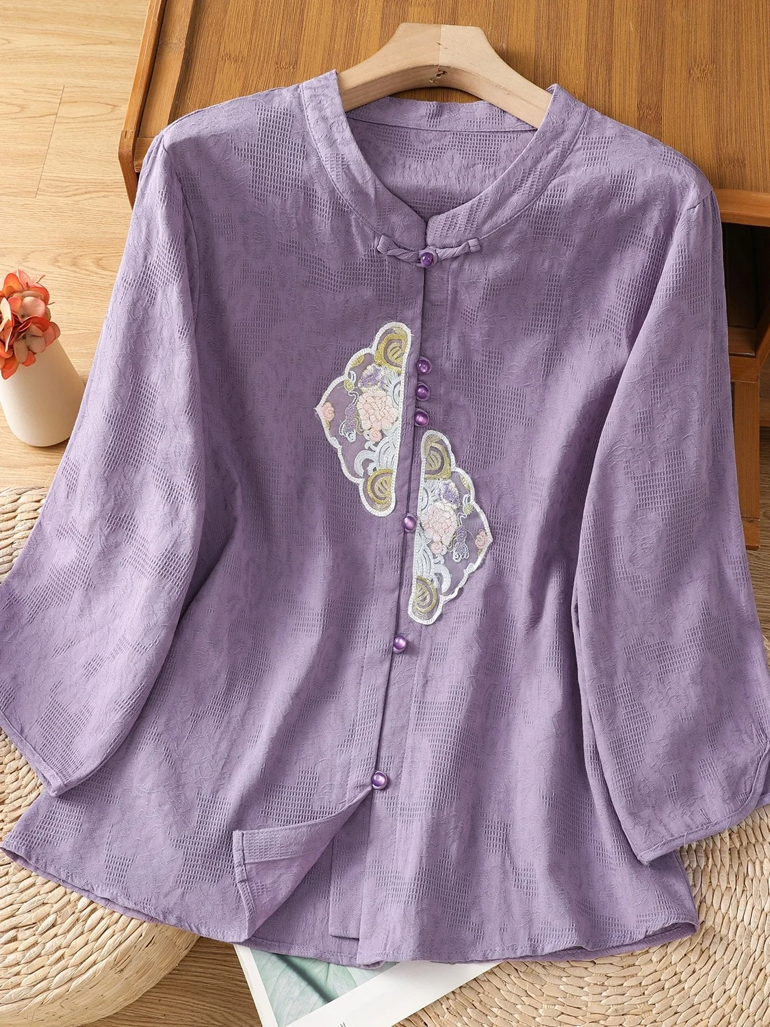 Haut d'été en lin brodé pour femmes, haut de gamme, couleur Vintage chinois, boutonné, irt, coton et lin, 3/4 Sve