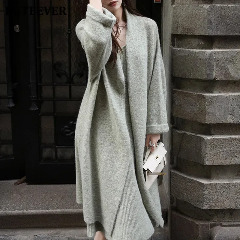 BGTEEVER Autumn Winter Women Knitted Dress Set Long Sleeve Loose Cardigans Sweaters Ladies V-neck Package Hip Dresses