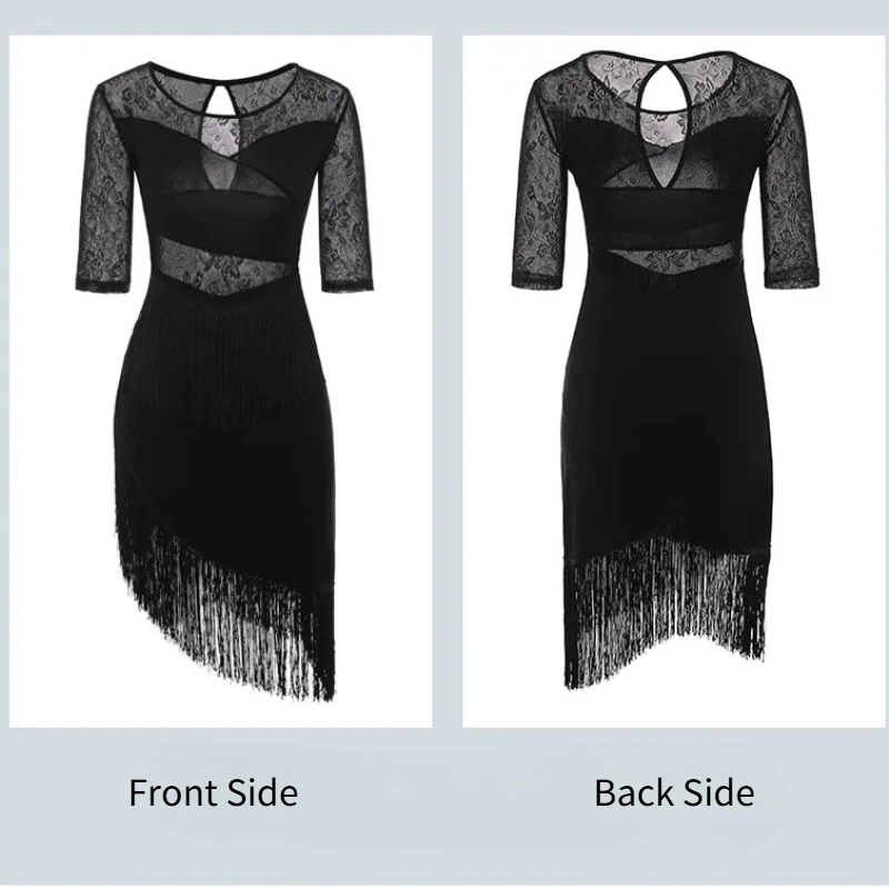 

Women's Latin Dance Dress Built-in Safety Shorts Black Lace Backless Fringe Ballroom Costume with Removable Pads for Performance