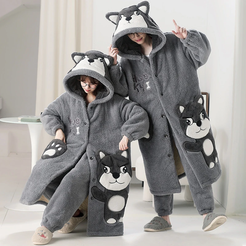 Kigurumis Winter Pajamas Robes Women Men Thick Warm Plush Nightgown Kawaii Dog Fleece Long Gown  Couples Nightdress Pijama suit