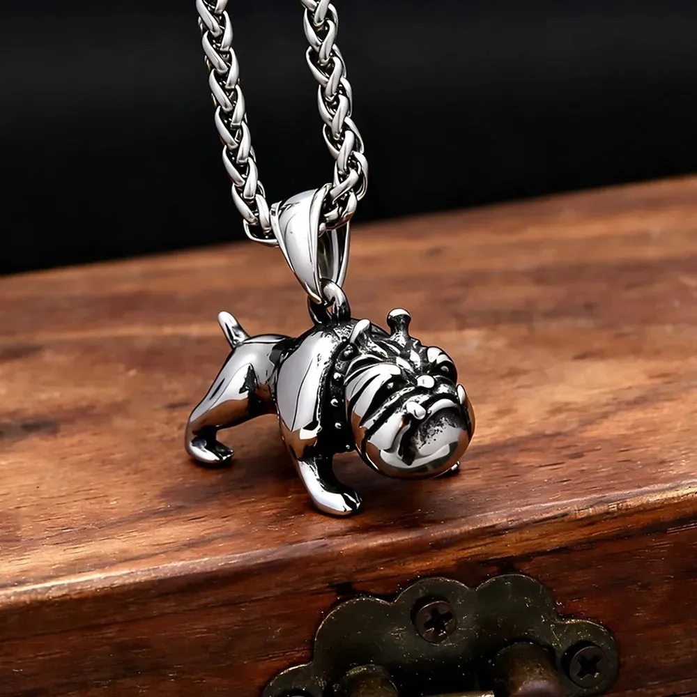 Vintage Polished Bulldog Pendant Necklace Stainless Steel 3D Animal Unisex Halloween Gift Jewelry