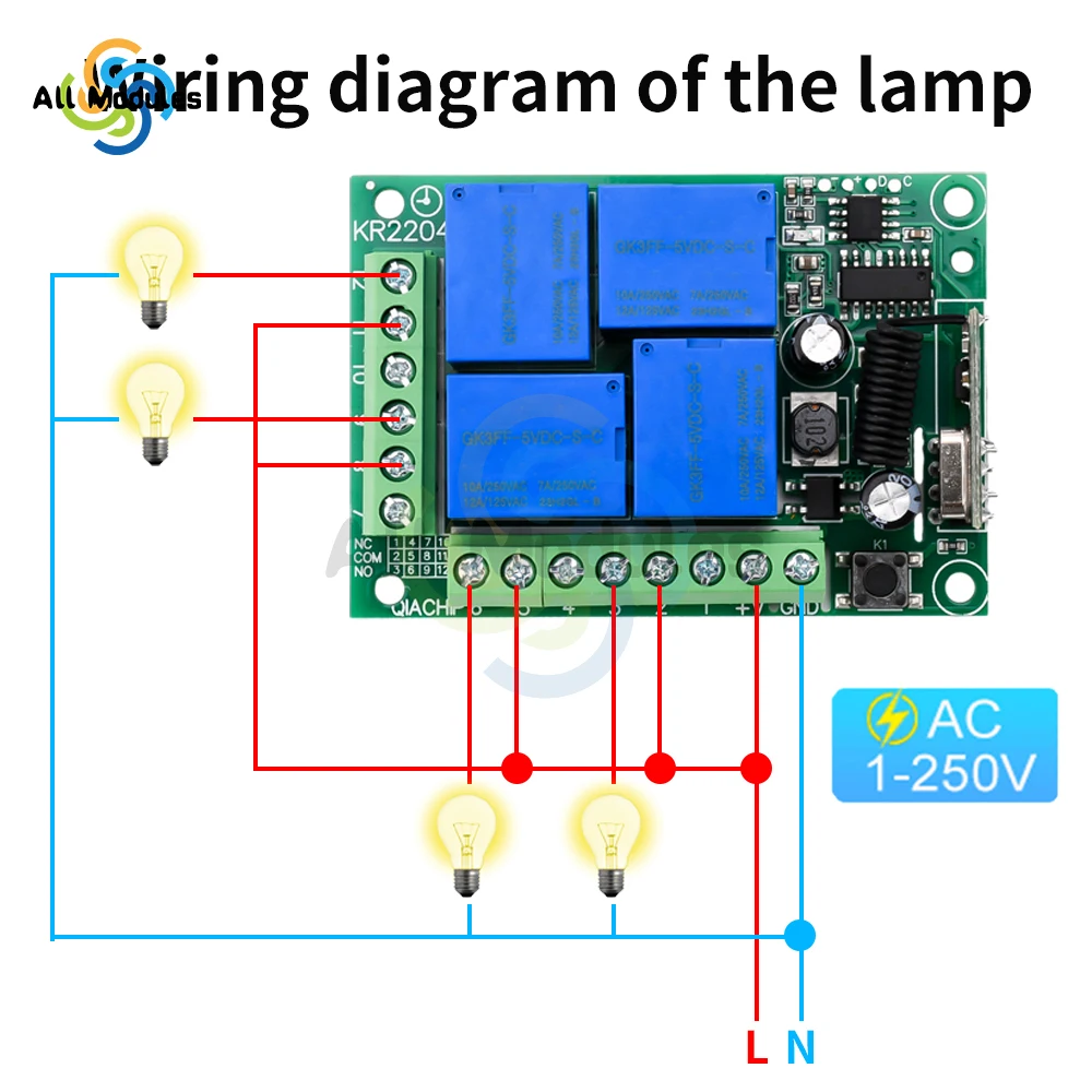 AC90-220V 433MHZ Four Way Relay Module Wireless Controller Receiver Supports Jog Self-Locking Interlocking for Gate Door LED