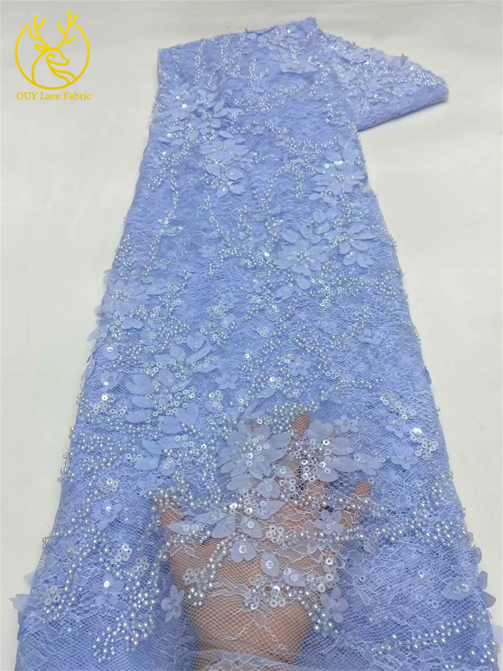 Afrikanischer nigerianischer Bräutigam-Perlen-Spitzenstoff 2026, französisches Netz, 3D-Applikation, Pailletten-Spitzenstoff für Party, Hochzeit, Kleid, Nähen, 5 Yards – Detail 14