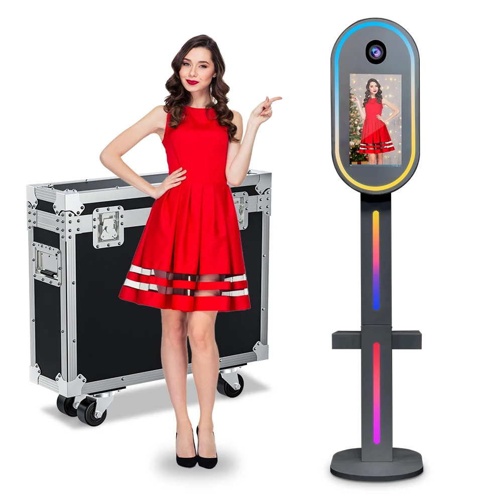 Portable DSLR Mirror Photo Booth Shell with Lights 15.6 inch Touch Screen Camera Booth Selfie Machine for Christmas Party Events