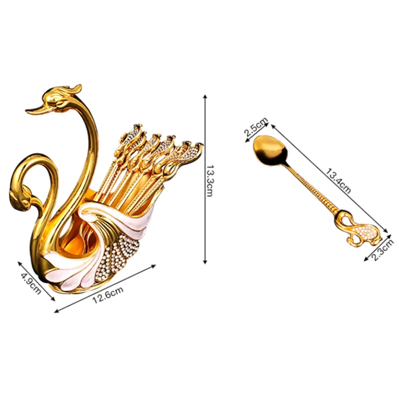ABLL-Dekorativer Kaffeelöffelhalter aus Metall mit Schwanensockel und 6-teiligem Löffel-Set, Kaffee- und Teelöffel-Set mit Halter, Geschirr-Aufbewahrung