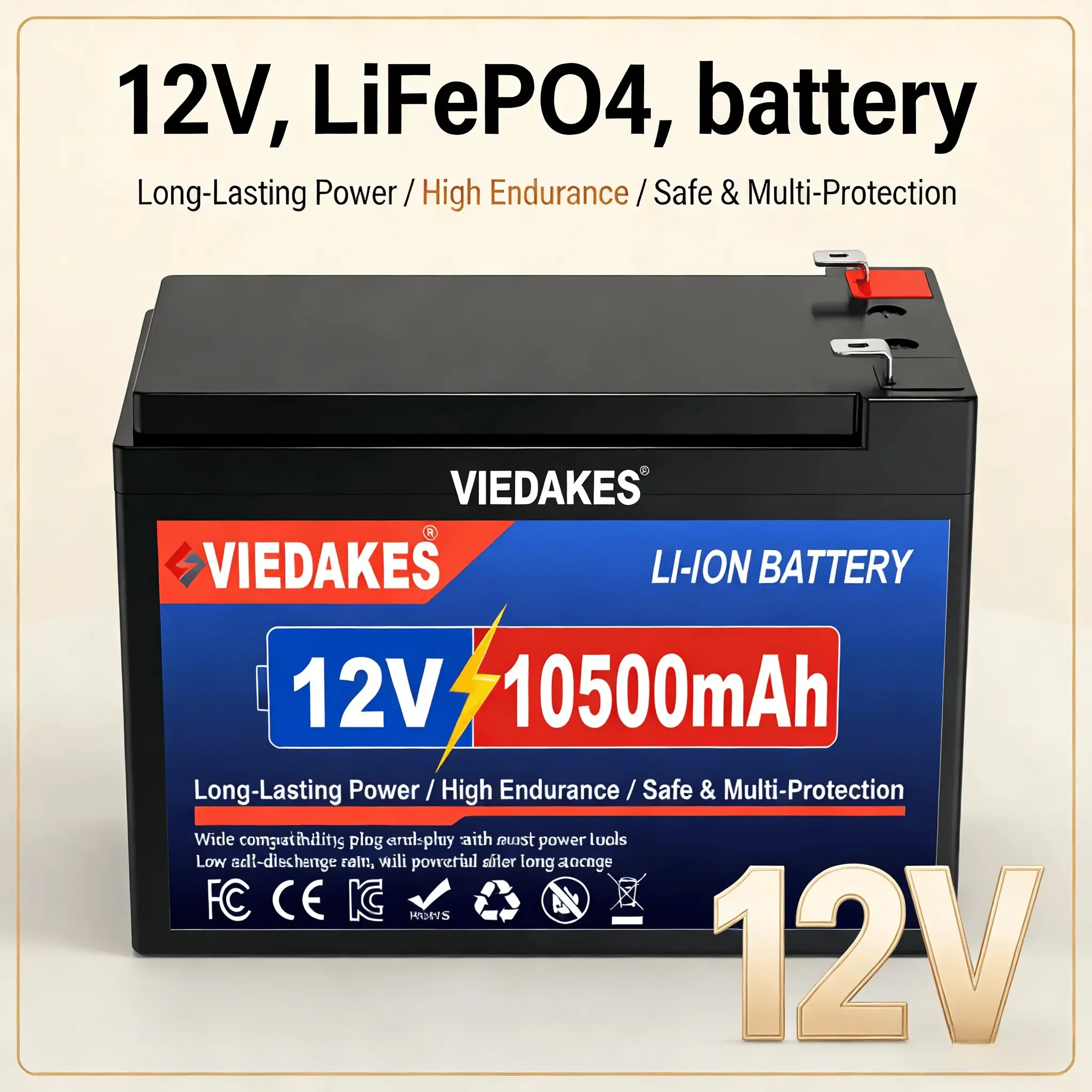 

VIEDAKES 12V LiFePO4 Battery 3S7P 10.5Ah 100% Real Capacity with Charger for CCTV Monitor Car Fan 12V Devices