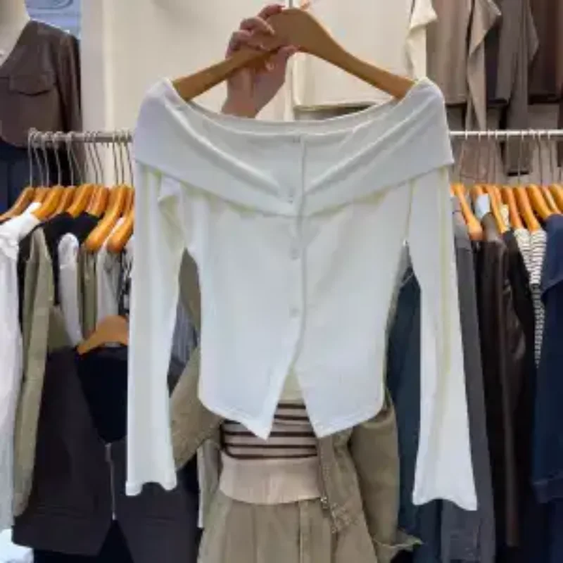 2025 New Autumn Clothing Slim Fit Off-shoulder Cardigan Top Long-sleeved One-line Collar