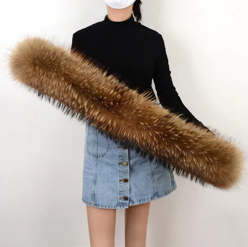 100% Real Raccoon Fur Collar Scarf Women Men Kids Fluffy 90*20cm Natural Fur Jackets Hood Trim Strips Clothes Accessories 45cm