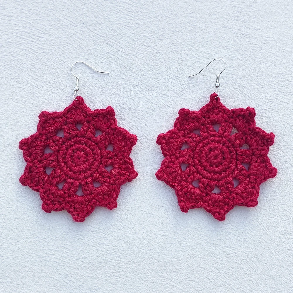 Crochet Chinese Style Red Round Flower Earrings For Women National Style Jewelry Gift 2024 ﻿Handmade 100%