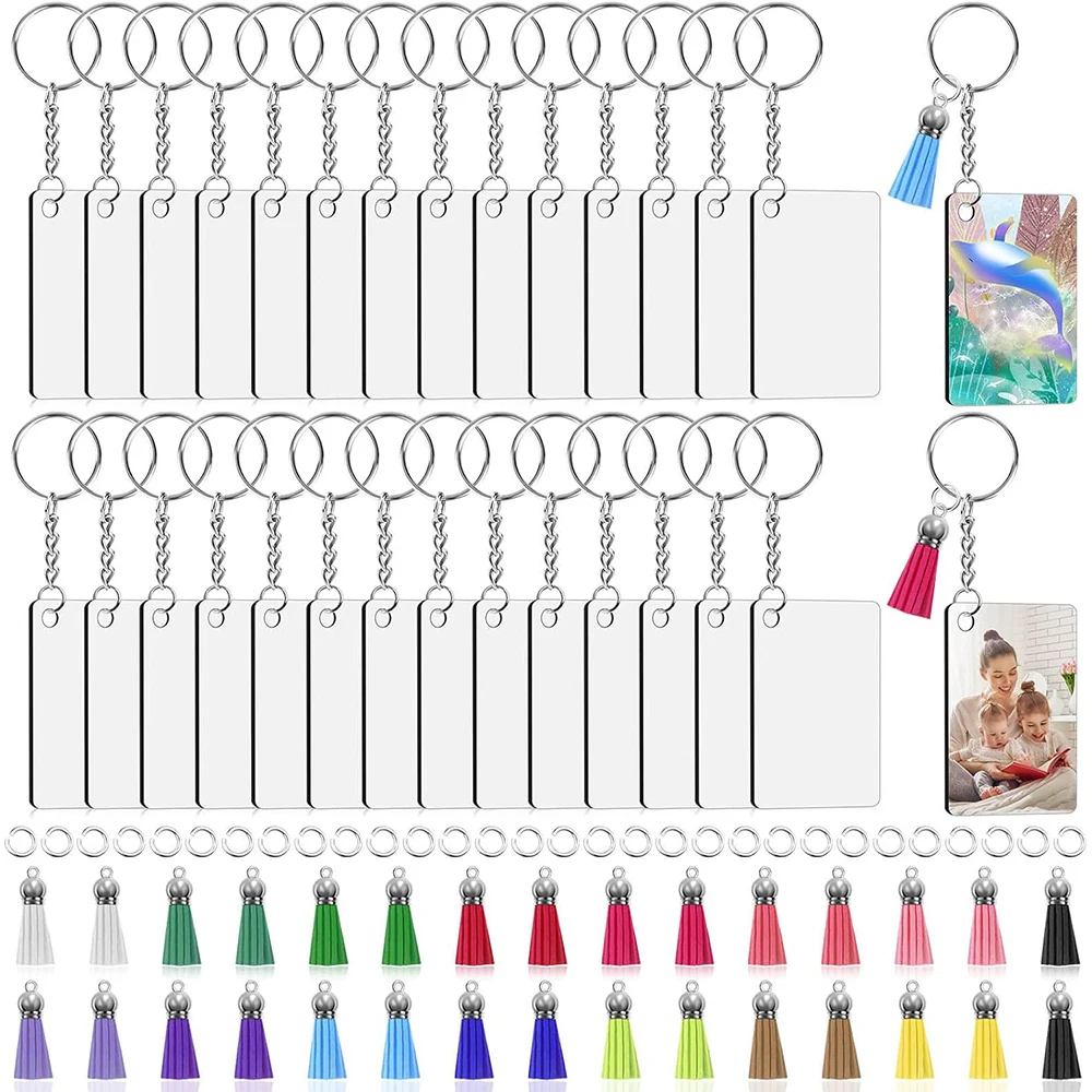 Image of 120 Stück/Set Sublimations-Schlüsselanhänger-Set Schlüsselringe Binderinge mit Quasten Rechteckiger Schlüsselanhänger für DIY-Bastelarbeiten Dekoration