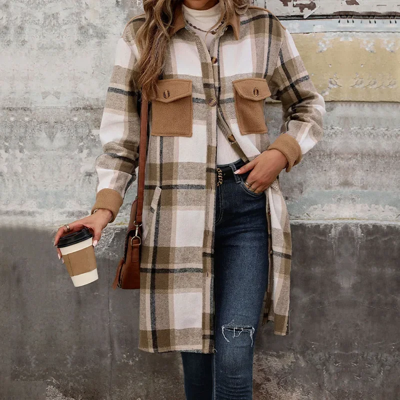 Cross-border Polished Plaid Long Coat Outwear Autumn and Winter Plaid Trench Jackets Women Casual Jackets Blends