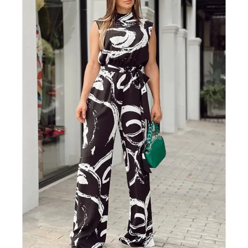 Women\'s Elegant Waist Halter Jumpsuit Casual Print With Belt Sleeveless Wide Leg Long Pant 2024 Summer New Women Clothing