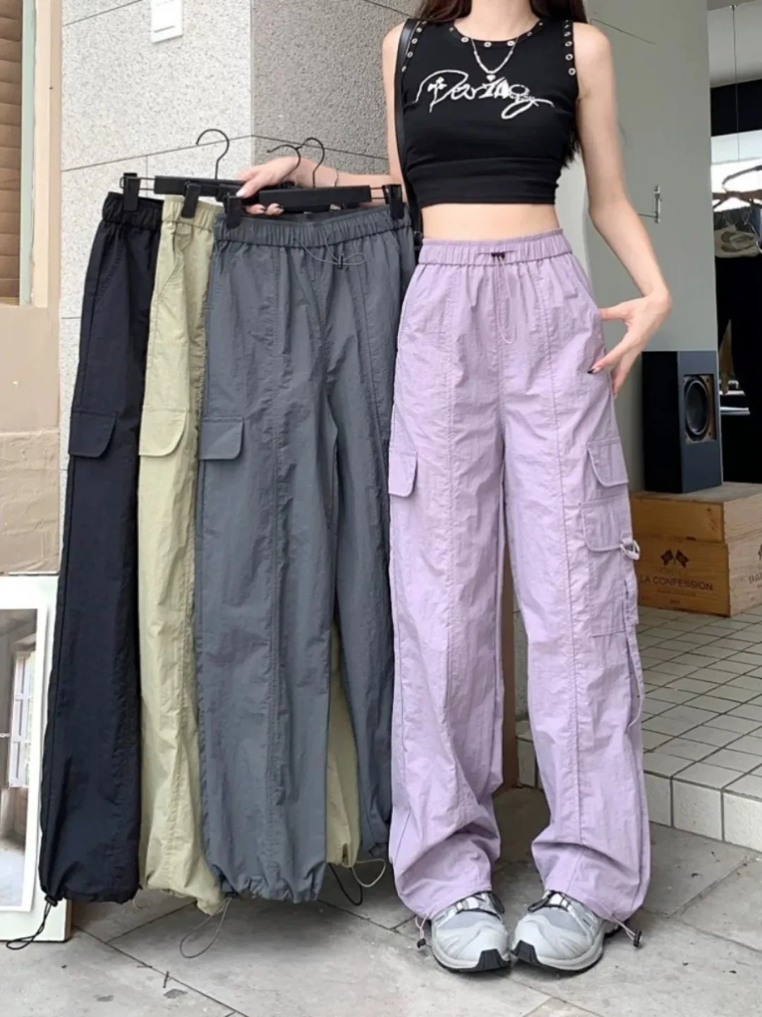 plus Size Women's Cargo Pants Trousers High Waist Wide Leg Drawstring Narrow Version Parachute Style Summer New Arrival
