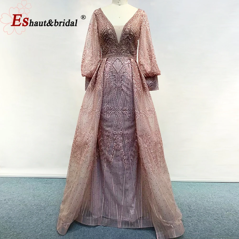 Vestidos de Noche elegantes de encaje de Dubái para mujer, vestido Formal de sirena de cristal con mangas largas y cuello en V, vestido de fiesta de boda personalizado 2024