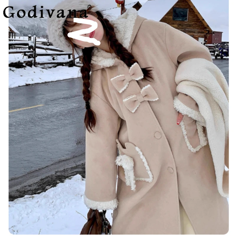 

Women's Winter Mid-length Thick Sweet Bow Loose Age-reducing Woolen Jacket Versatile Fashion Long-sleeved Japanese Hooded Tops