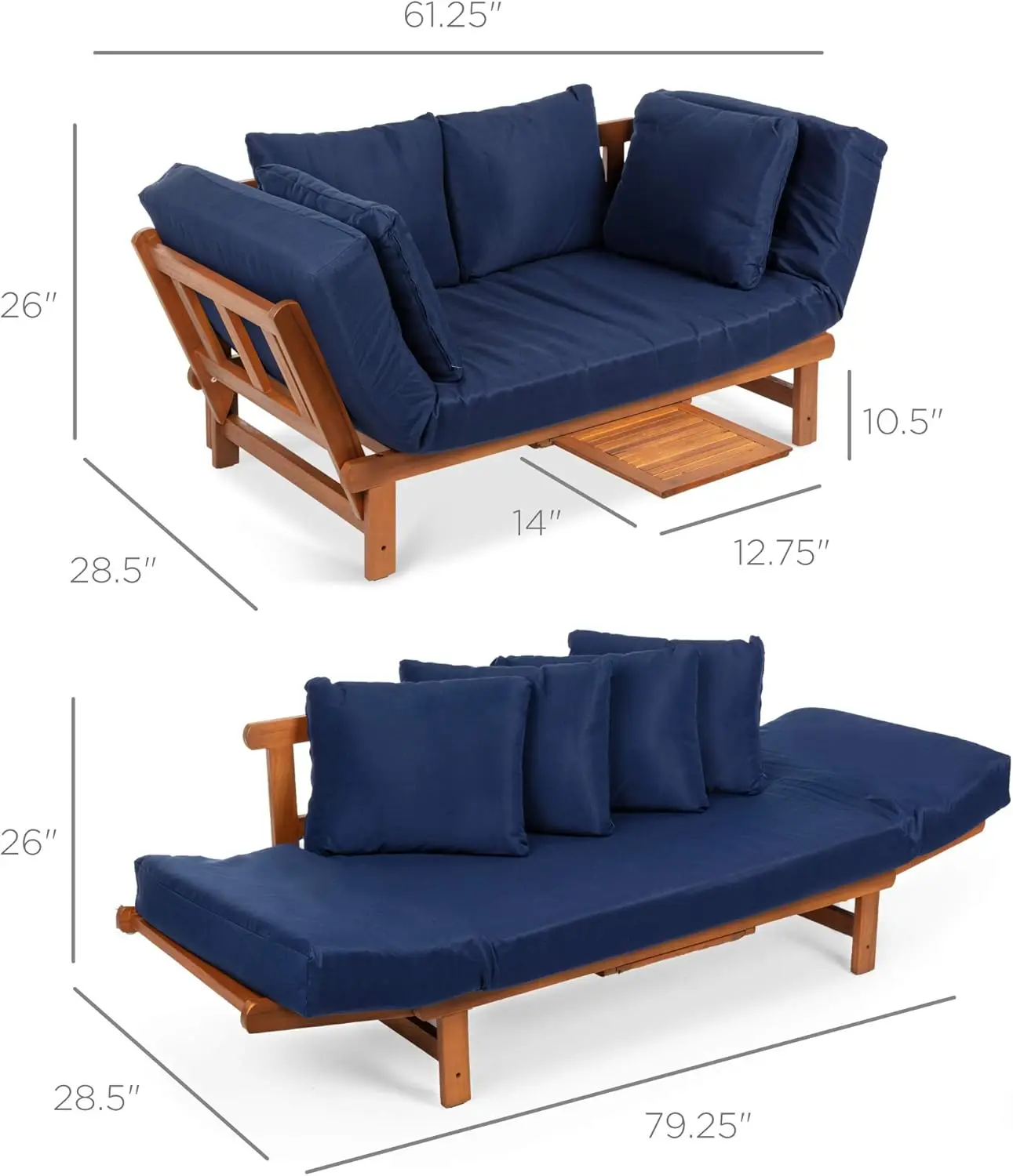 

Wood Futon Sofa Furniture for Patio, Balcony, Poolside, Backyard w/Pullout Tray, Removable Weather-Resistant Cushion