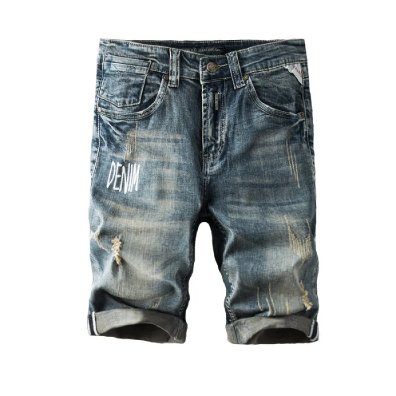 Zomer Vijfde Jeans Heren Print Stijlvolle Straight Slim Fit Street Trend Retroinsfashion Holes Heren Shorts