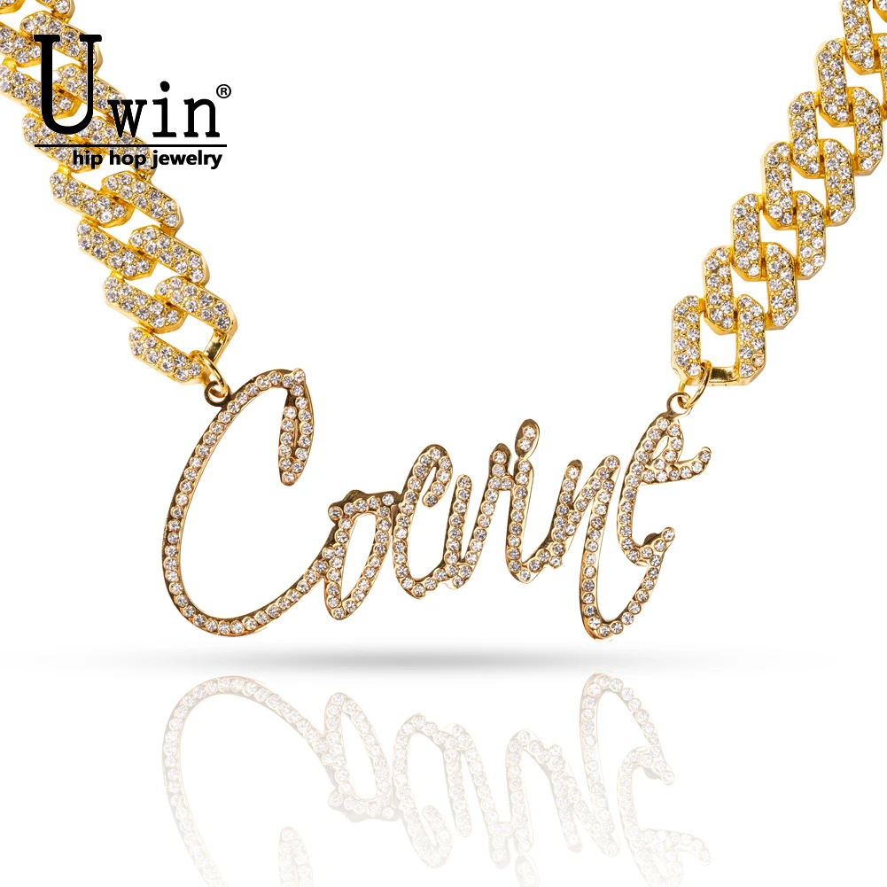 

Uwin Custom Name Necklace With 12mm Zinc alloy Cuban Chain Stainless Steel Setting Rhinestone Pendant For Women Charm Nameplate