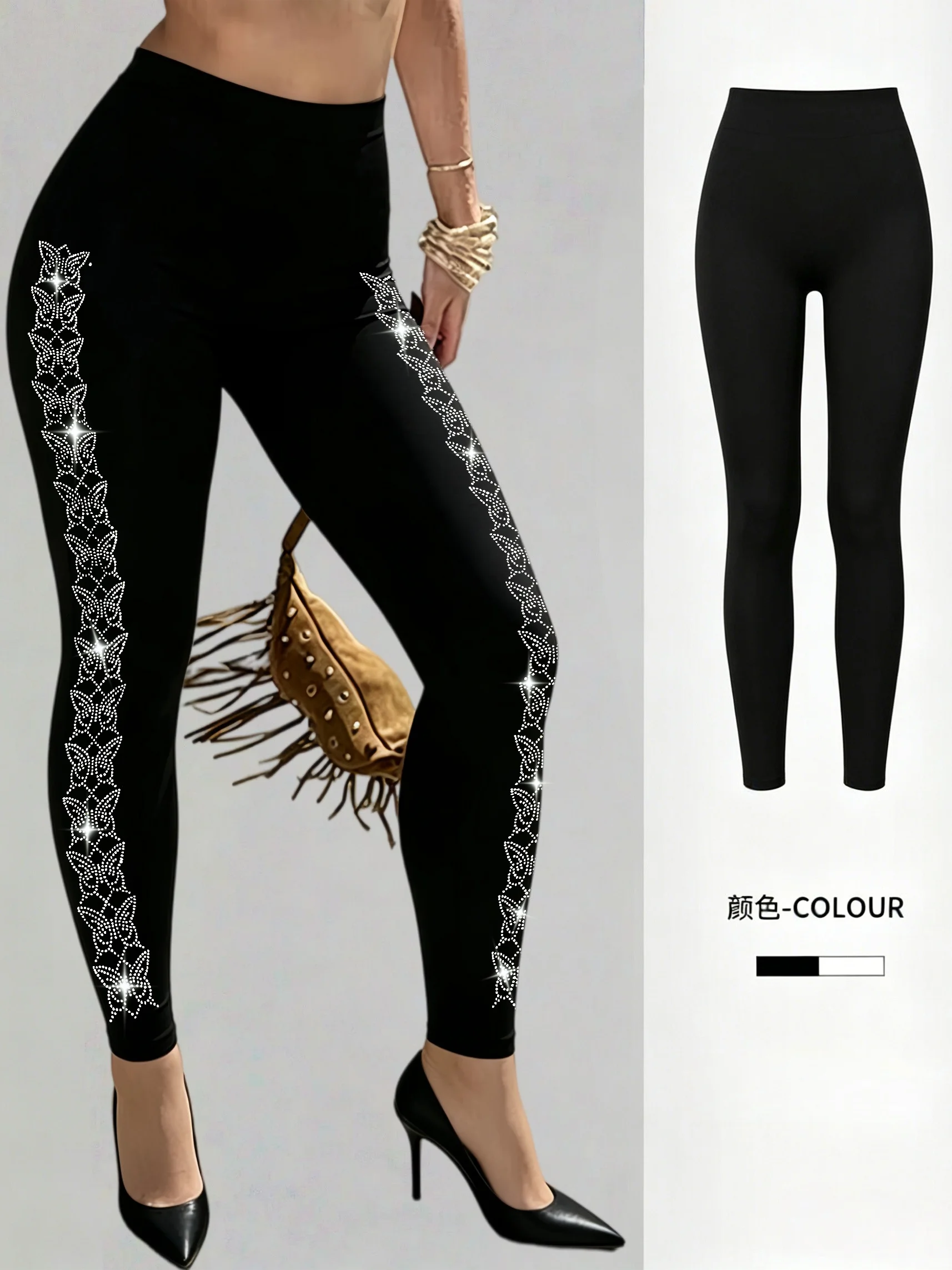 Women's Rhinestone Butterfly Pattern High-Waist Leggings Black High-Stretch Slim-Fit Full Length Pants for Night Out Casual Wear