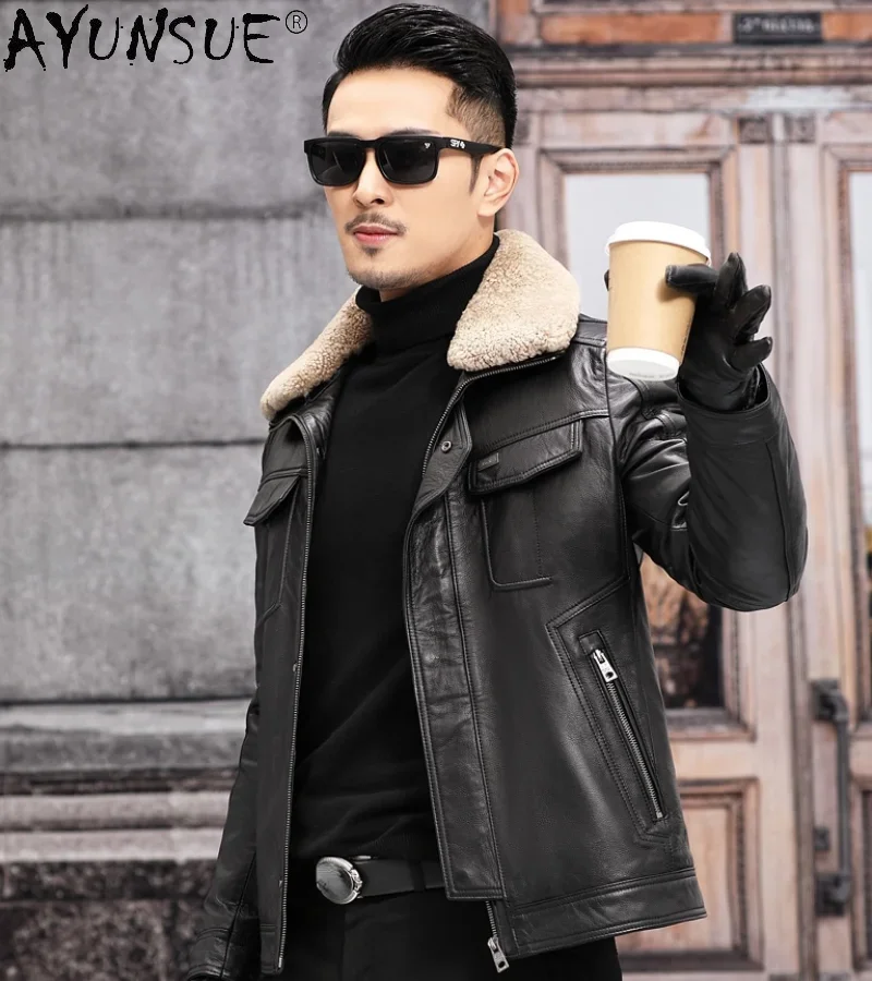 AYUNSUE Genuine Cowhide Leather Jacket Man Winter 2021 Real Wool Collar Jackets 90% White Duck Down Coat Chaquetas Hombre Gxy756