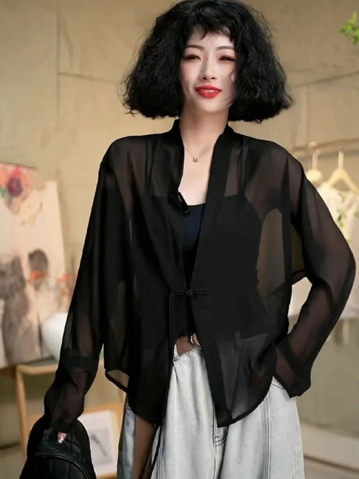 

Новая женская тонкая летняя рубашка в китайском стиле с защитой от солнца, накидка-шаль с юбкой-халтером, верхняя одежда из ткани с эффектом песочной стирки S...