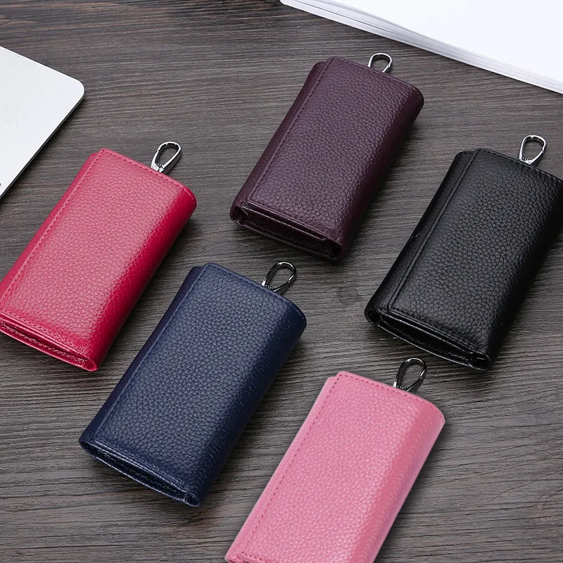 Leather key case, multi-functional three-fold wallet for men and women, cowhide coin pocket, short wallet