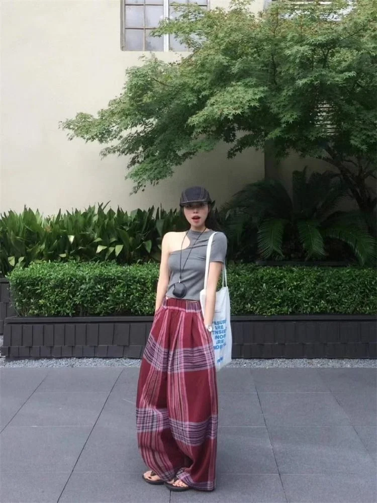 Pantaloni larghi larghi casual da donna sottili scozzesi retrò americani estivi Y2K Pantaloni da donna alla moda stile Harajuku stile millenario