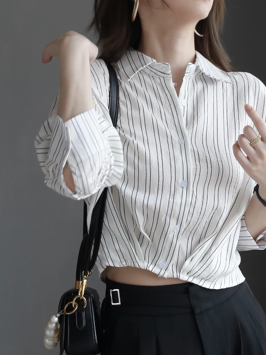 

Warmo Autumn 2024 Women's ort irt Slim Fit Vertical Stripes Commute Sle Button Sve Long Collar Chinese O...