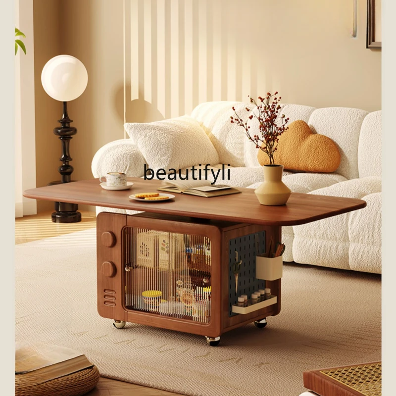 

Lifting Coffee Table Living Room French Retro Balcony Solid Wood Mobile Tea Table