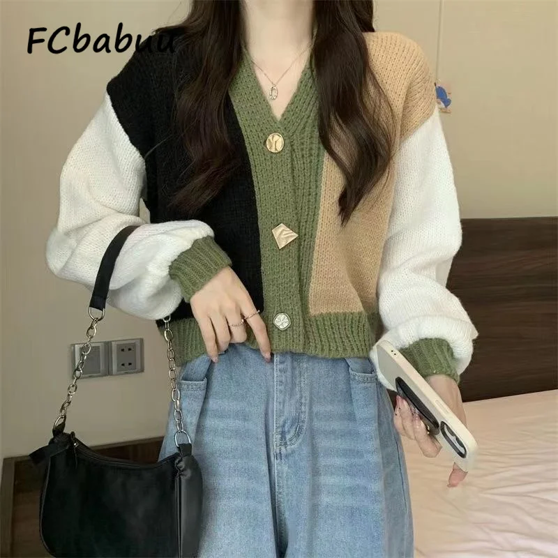 Chic Patchwork Colorful Sweater Cardigans for Woman Autumn Winter Short Coats V Neck Single Breasted Cropped Cardigan Tops