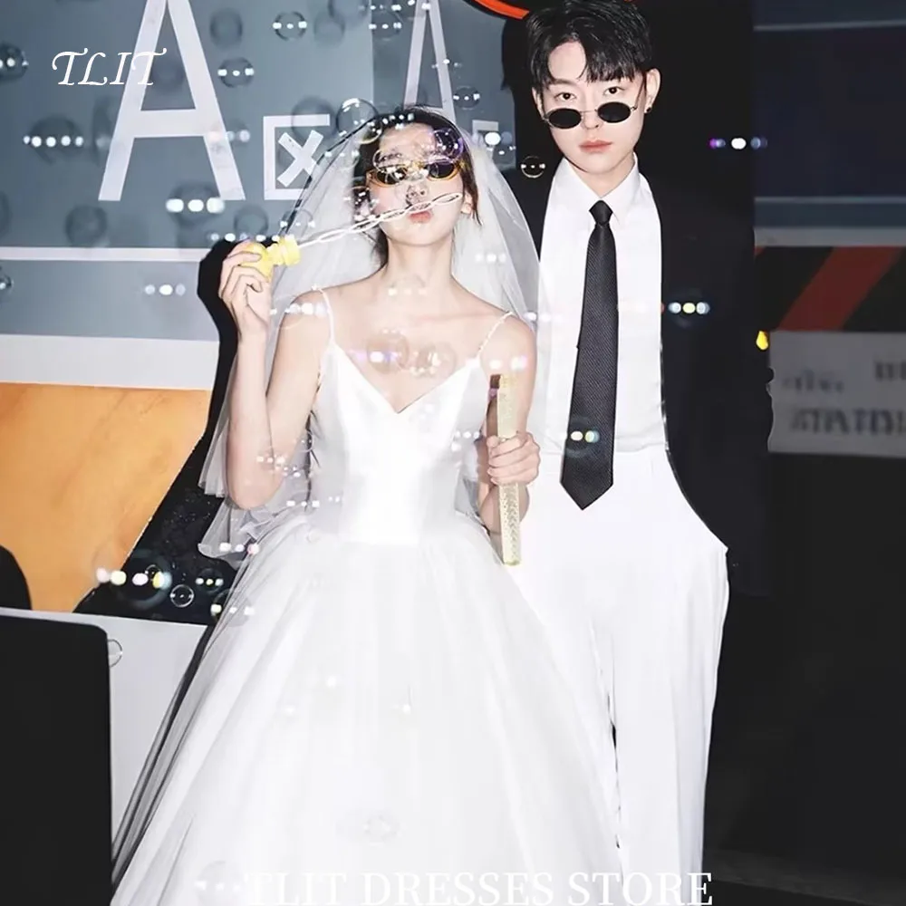 

TLIT Elegant A-Line Wedding Dress Korea Wedding Dress Photo Shoot Spaghetti Strap with Pearl Bridal Gown Customized Corset Back