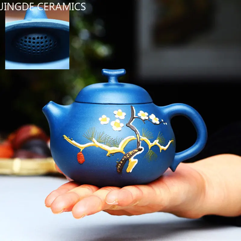 

Hand Painted Plum Blossoms Tea Pot Yixing Purple Clay Teapots Handmade Ball Hole Filter Tea Maker Chinese Teaware 180ml